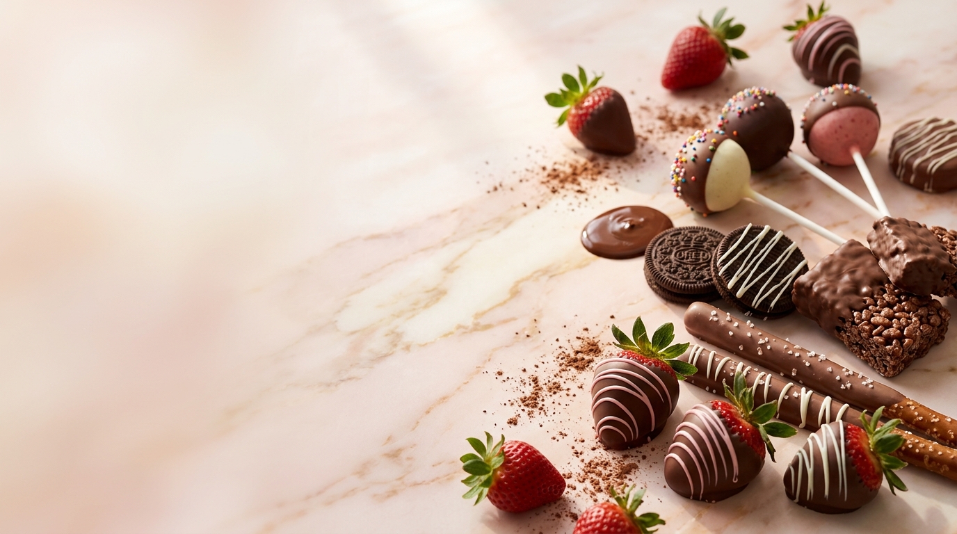 Assorted chocolate-dipped treats on a blush marble surface